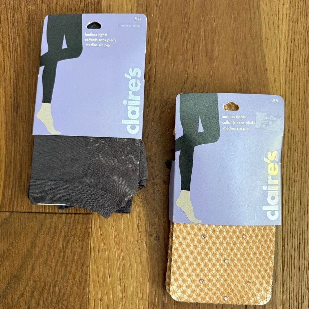 NIP 2 Claire’s Y2K Footless Tights Embellished Bling Tan Dark Grey Lace M L